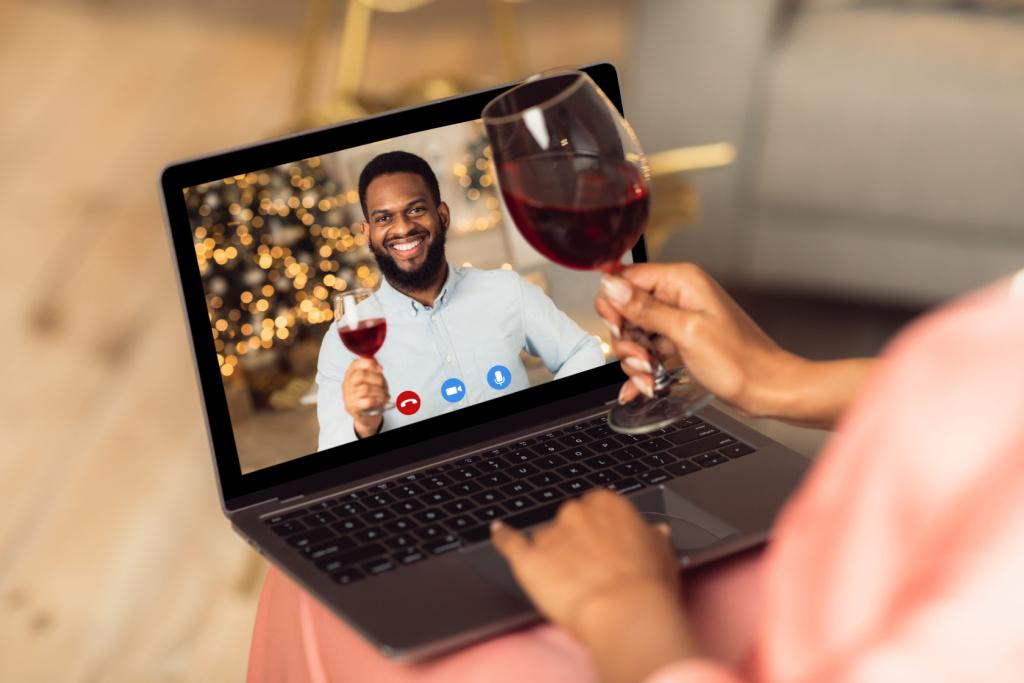 Virtual dinner date setup with candles, food delivery, and video call